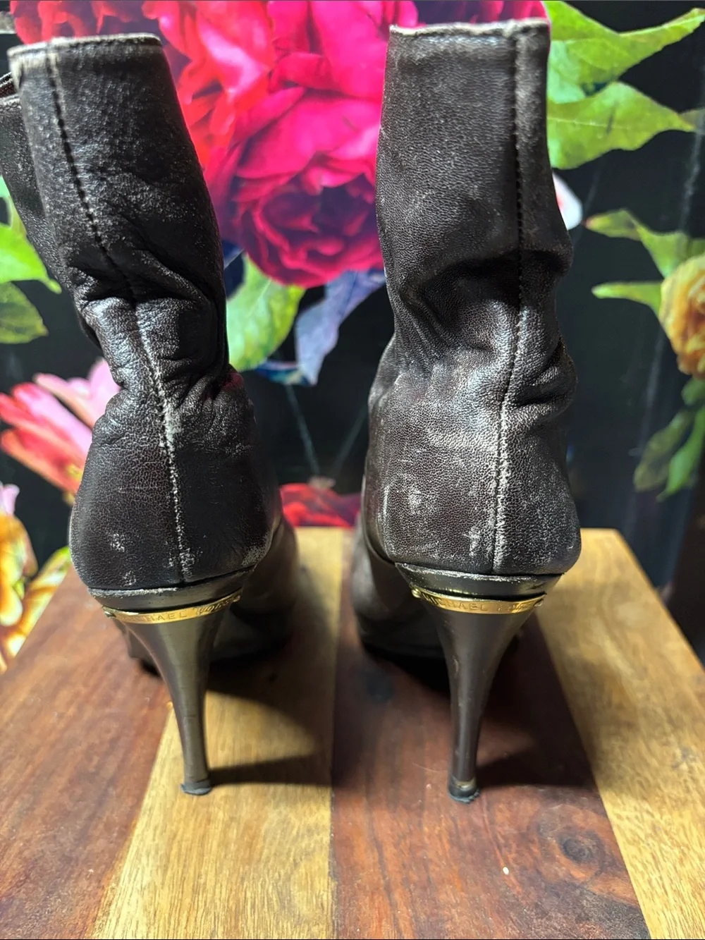 Michael Kors Dark Brown Leather Vintage Slouch High Heel Ankle Boots